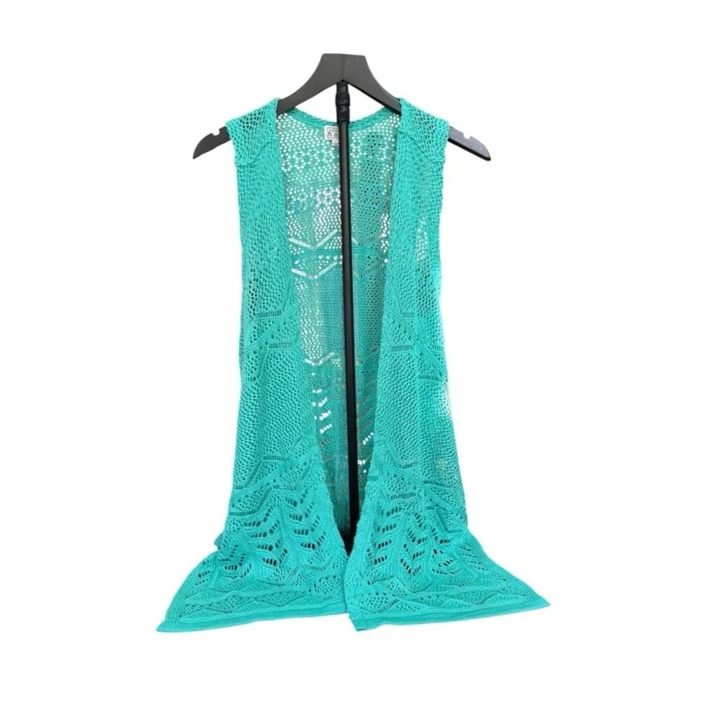 Keren Hart Crochet Open-Front Vest in Teal Women’s S - Picture 2 of 7